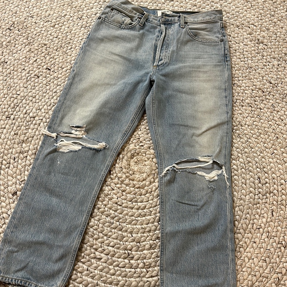 Agolde cropped distressed jeans, light wash with button fly